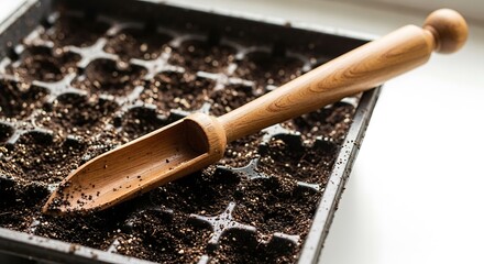Wooden scoop on a seedling starter tray filled with fertile soil, preparing for sowing seeds indoors for a home garden.