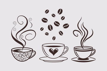 Coffee cups with steam and coffee beans silhouette on white background