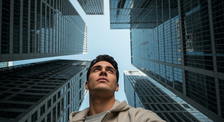Young Person Gazing Upward At City Structures