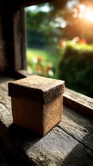 Rustic gift box on old window sill with sunlight on the green garden bokeh.