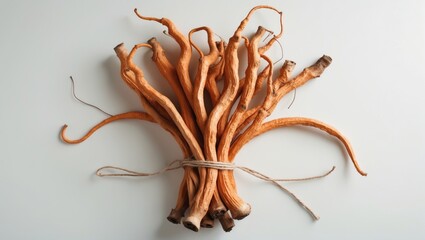 Obraz premium A bundle of gnarled, twisted root vegetables tied with a string on a plain surface.