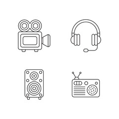 minimalist black outline icons of video camera, headset, speaker, and radio for multimedia, audio, and communication design themes on white background.