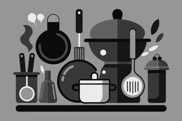 Kitchen Utensils Still Life Vector Illustration in Silhouette Style silhouette on white background