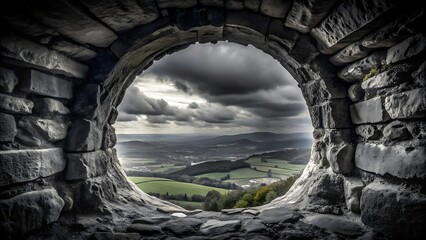 Naklejka premium View of a green valley and distant town through a circular stone window opening with a dramatic sky