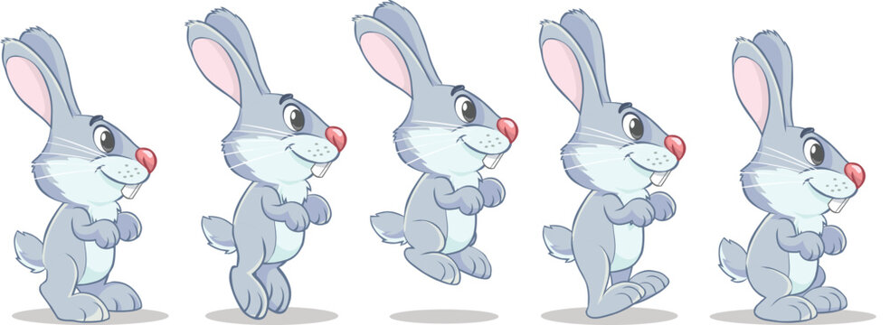 Rabbit jump animation set. 
Cartoon smiling bunny jump or running loop motion cycle . 
Vector illustration isolated on white background. 
