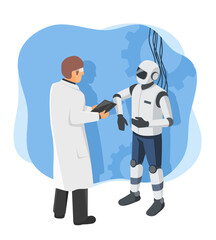 Engineer testing humanoid robot system performance in modern laboratory environment with tablet control interface cartoon