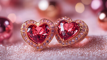 Close-up of two heart-shaped ruby earrings with diamond halos on a sparkling surface.