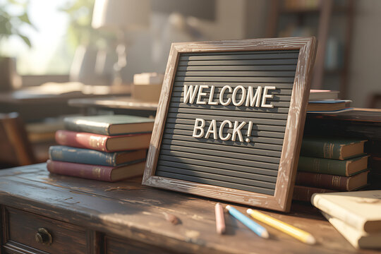 Warm welcome back message on letter board with books, pencils, and inviting sunlight in cozy, inviting setting