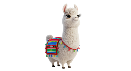 Cute 3D cartoon llama with colorful blanket – transparent background
