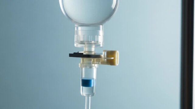 Closeup of an intravenous iv drip bag and valve, suitable for medical, healthcare, hospital, treatment, equipment, infusion, and patient care visuals.