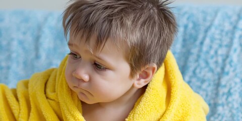Sick day concept with a kid at home wrapped in a blanket to feel better while suffering from an illness or ailment - home healthcare and sick time
