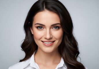 Obraz premium Captivating portrait of a smiling woman with wavy hair and natural makeup, perfect for beauty, wellness, or lifestyle themes in your projects.