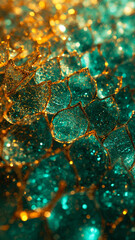 Luxury abstract vertical background with intricate teal and gold glitter, featuring a pattern of sparkling crystal petals or mermaid scales