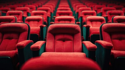 Obraz premium Red theater seats arranged in rows.