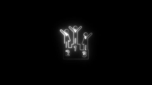 Neon White Winner Podium Icon with Three Standing Figures Celebrating Victory, Ranking, or Achievement in Sports, Contests, or Corporate Milestones on a Dark Futuristic Background