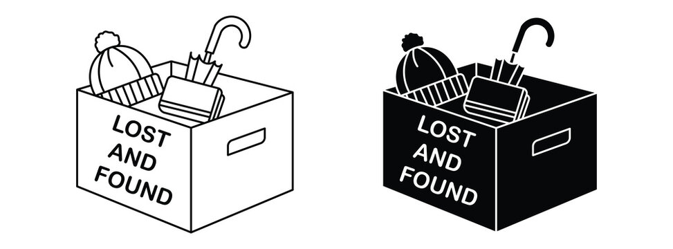 Lost and found box with umbrella and items , vector illustration . 
