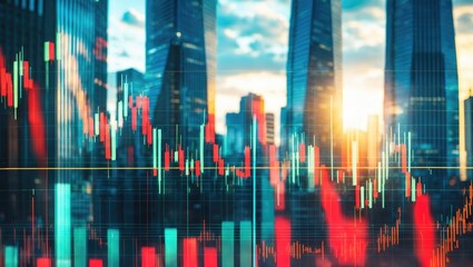 A cityscape with tall buildings during sunset overlaid with financial stock market chart data. Financial markets, technology, and urban environment. The concept of economic and technological connec...