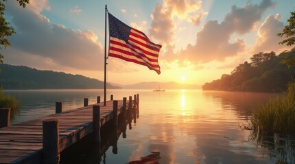 American flag on a wooden dock at sunset over a calm lake, patriotic concept.