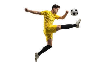Fototapeta premium Dynamic action shot of a soccer player in a yellow uniform executing a powerful kick, perfect for sports-related marketing and fitness themes.