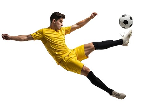 Dynamic soccer player in yellow jersey executing a powerful kick, showcasing athleticism and energy, perfect for sports, fitness, and lifestyle themes.