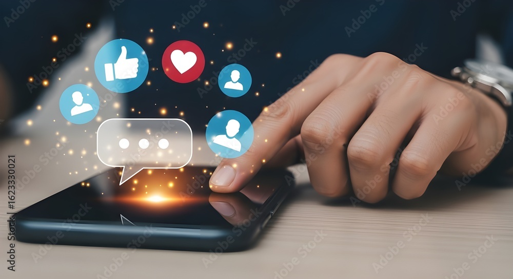 Poster man using smartphone with social media icons projecting from screen