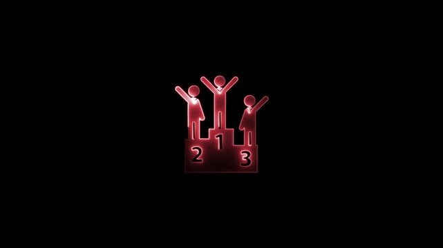 Neon White Winner Podium Icon with Three Standing Figures Celebrating Victory, Ranking, or Achievement in Sports, Contests, or Corporate Milestones on a Dark Futuristic Background