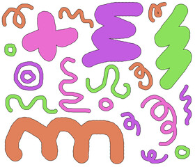 Colorful abstract shapes in pink, green, and orange on a white background. The design features various wavy and curved lines, creating a playful and modern look.