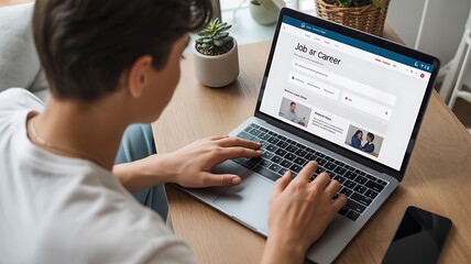 Person using laptop to search for job or career on a website at a desk with a phone nearby