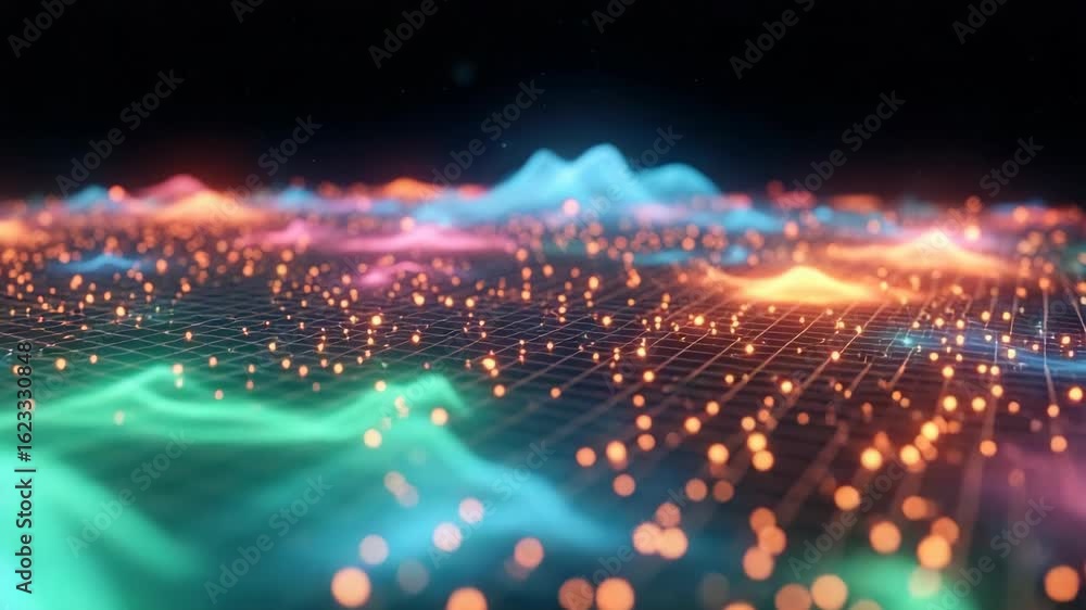Poster a vibrant abstract representation of sound waves and data visualization showcasing colorful peaks an