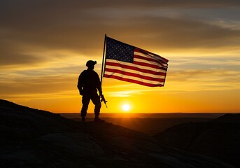 Photo of silhouette of a soldier holding the american flag during a vibrant sunset