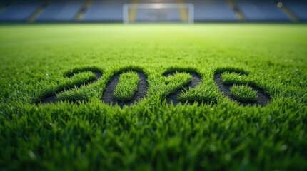 Aerial view of 2026 on soccer field grass in stadium, event preparations.