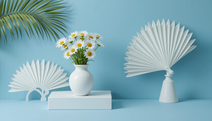 Minimal White Vase with Daisies on Blue Background – Modern Home Decor Concept
