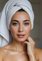 Woman with Towel on Head After Shower Fresh Clean Skin Natural Beauty