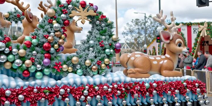 Christmas parade float with reindeer and ornament decorated wreath on snowy scene