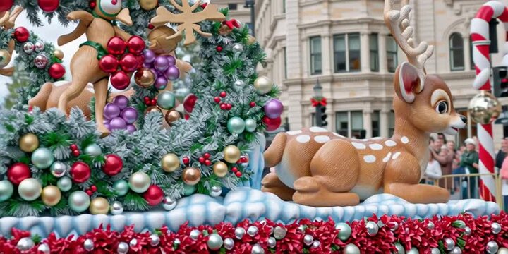 Christmas parade float with reindeer and ornament decorated wreath on snowy scene