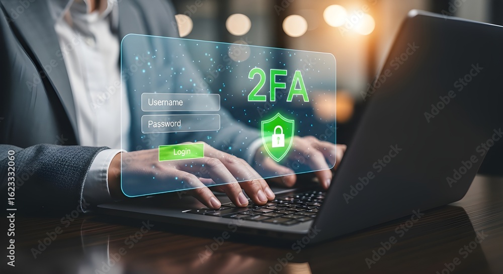 Poster two-factor authentication 2fa security on login screen with businessman typing on laptop
