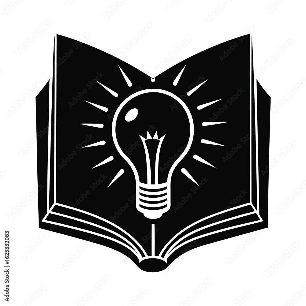 Poster teacher day vector art of an open book with a glowing lightbulb symbolizing a bright idea, knowledge