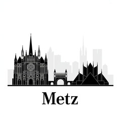 Fototapeta premium Metz Skyline Silhouette - Historic French City Vector Illustration in Black and White
