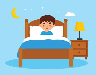Obraz premium happy cute little boy sleeping bedroom child nap cozy kid indoor rest peaceful toddler bedtime illustrations