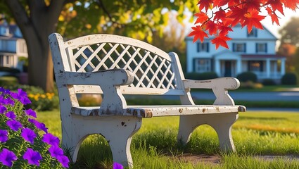Weathered white park bench in garden with purple flowers and red maple leaves image