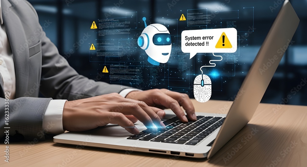Poster hands typing on laptop with 