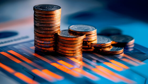 Stacks of shiny gold coins on a blurred financial bar chart, symbolizing investment, savings, and economic growth.