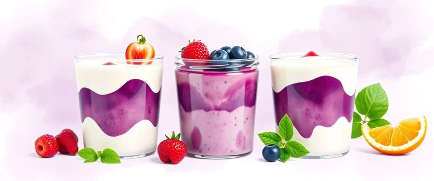 Drei dekorative Gl&auml;ser mit lila Joghurt und frischen Fr&uuml;chten, stilvoll angerichtet auf hellem Hintergrund.