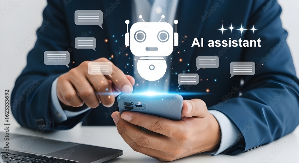 Poster man using smartphone with ai assistant concept
