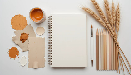Flat Lay of Beige Toned Art Supplies with Notebook and Wheat – Minimal Creative Workspace