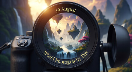 Camera lens displays a fantasy landscape with floating islands, waterfalls, and lush greenery, commemorating World Photography Day on August 19th.