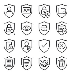 Cybersecurity icons collection featuring shields, privacy, and protection symbols