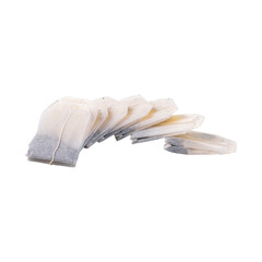 Pile of tea bags. The tea bags are arranged in a row on transparent background