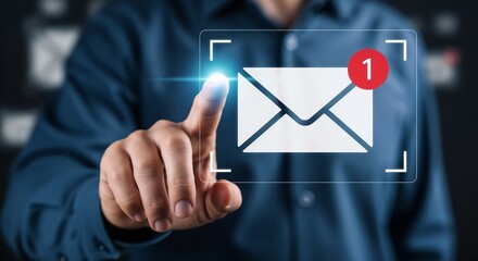 
New email notification interaction concept. A person interacting with a floating digital interface showing a new email notification symbol, a concept for online communication. E-mail marketing,