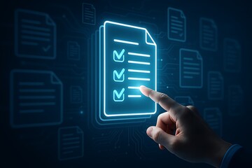 Interactive checklist interface with digital documents and glowing verification marks controlled by hand for smart data management and artificial intelligence task automation system